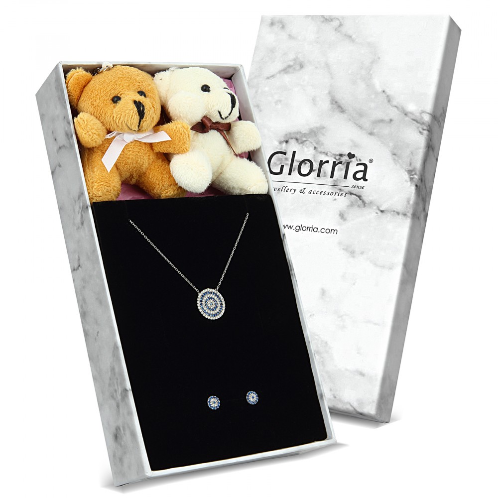 Glorria Gümüş Nazar Kolye, Küpe, Çiçekli Hediye Seti - DT0050-HS Glorria Gümüş Nazar Kolye, Küpe, Çiçekli Hediye Seti - DT0050-HS
